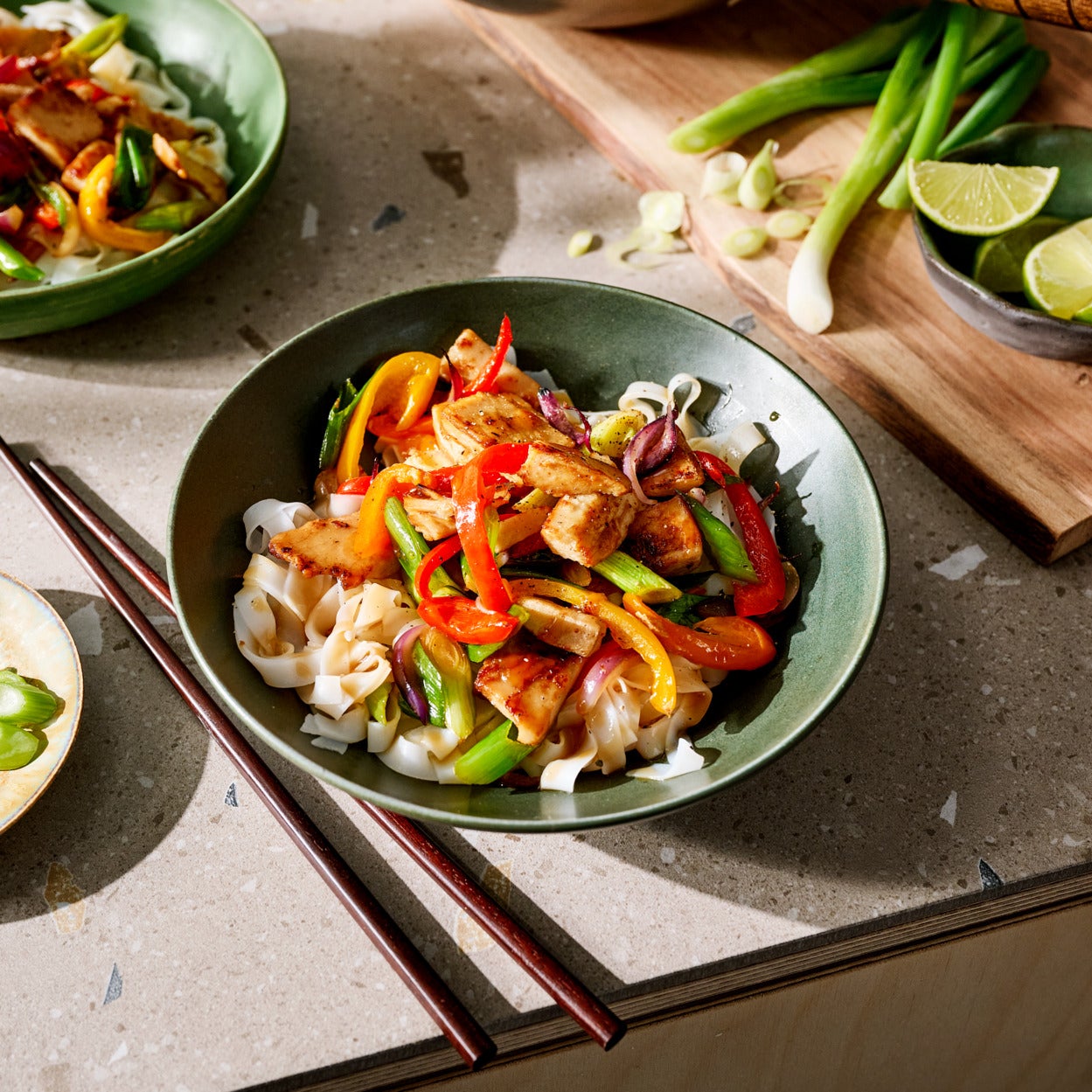 Vegetable noodle stir-fry with vegan fillet pieces