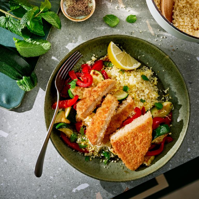 Lemon Couscous with Veggies and Vegan Schnitzel Lemon Couscous with Veggies and Vegan Schnitzel