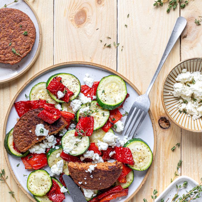 Pepper, Zucchini and Feta Salad with Sensational Burger Sensational Burger