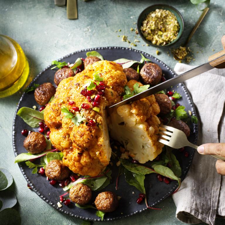 Roasted Cauliflower with Falafel (hands)