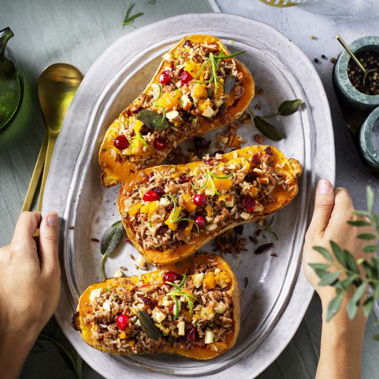 Stuffed Butternut Pumpkin with Vegan Mince (hands) Stuffed Butternut Pumpkin with Vegan Mince (hands)