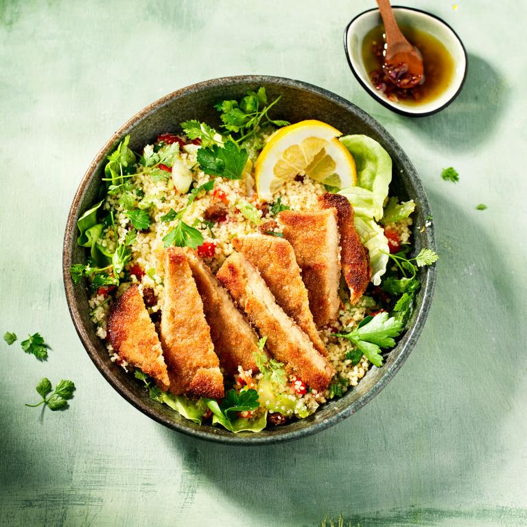 Couscous veggie and herb salad with Sensational Schnitzel Couscous veggie and herb salad with Sensational Schnitzel